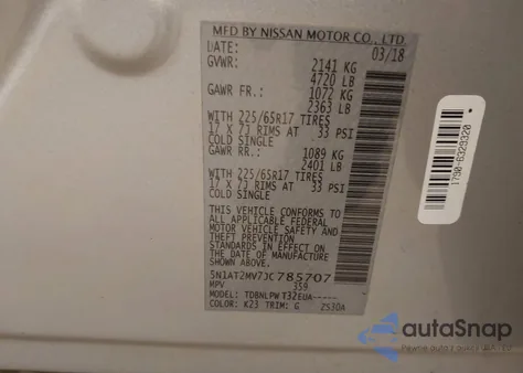 2018 Nissan Rogue S z USA, uszkodzony, nr VIN 5N1AT2MV7JC785707